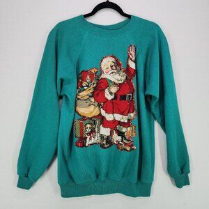 Vintage Unique Ugly Christmas Sweater Large Teal Classic Santa Claus Pullover